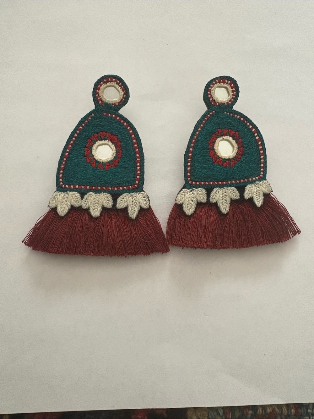 Handcrafted Teal and Burgundy Tassel Statement Earrings
